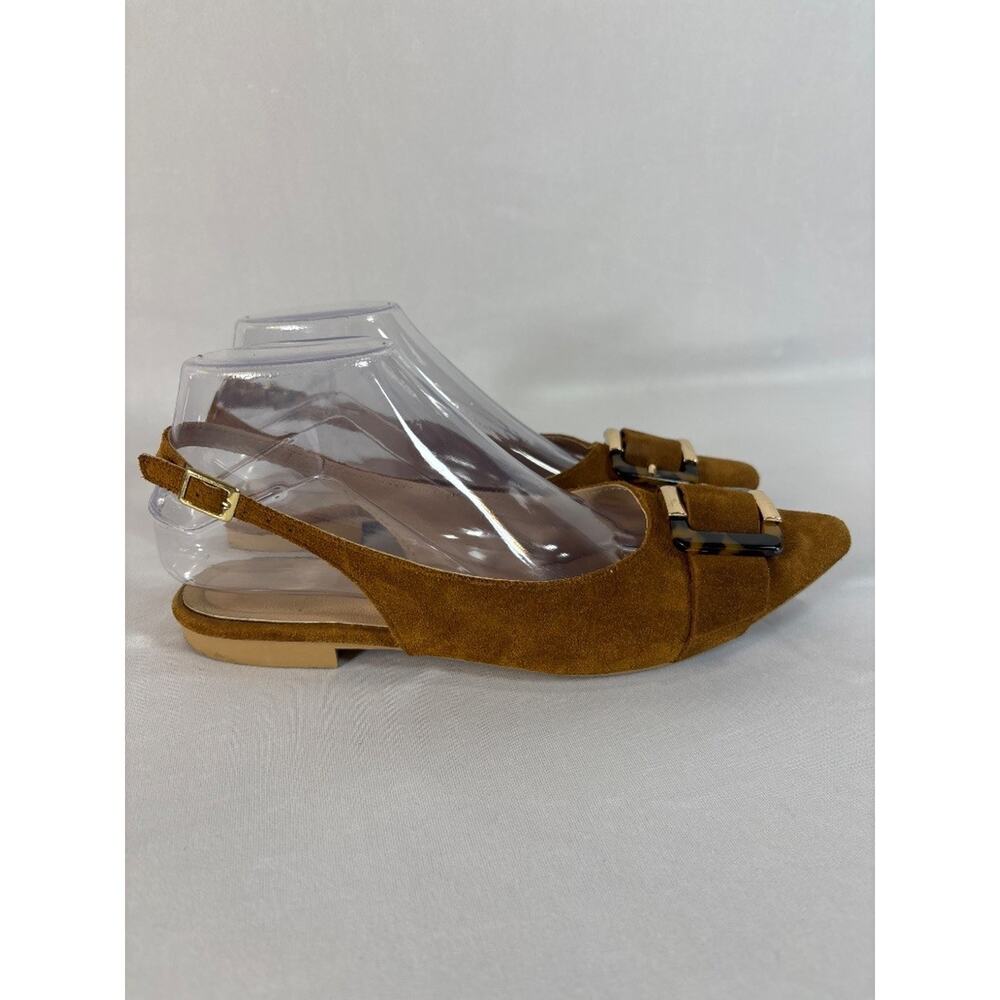 Italian Suede Slingback Pointed Toe Flats Tortoise Buckle Tan Size 38 7.5 US - Picture 3 of 6